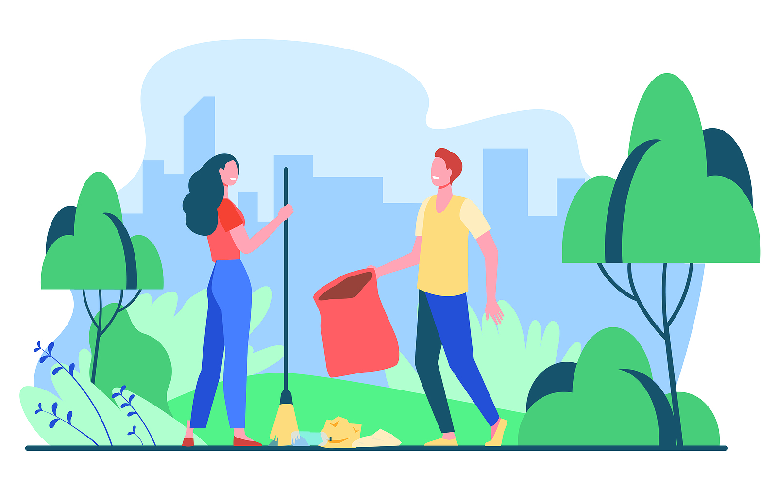 Happy Couple Picking Up Litter Outdoors. Young People Cleaning P